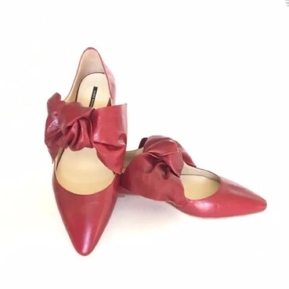 Zara Red Leather Bow Flats - Picture 6 of 8